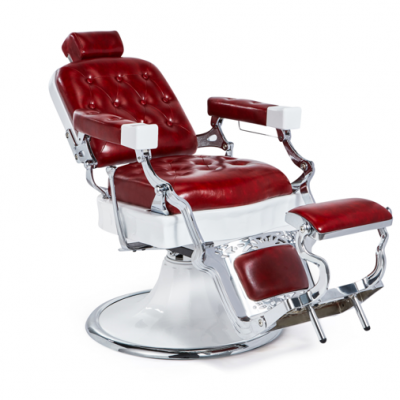 Cadeira de barbeiro vintage em couro vermelho bordo com estrutura metálica e base branca
