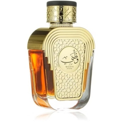 Frasco de perfume dourado com líquido âmbar e texto Watani D'Ong
