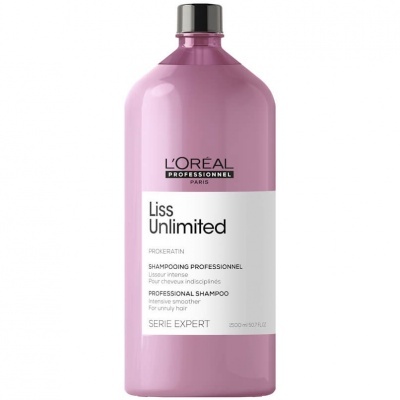 Frasco rosa de champô profissional L'Oréal Liss Unlimited com tampa preta