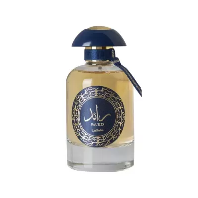 Frasco de perfume RAED Lattafa azul e dourado