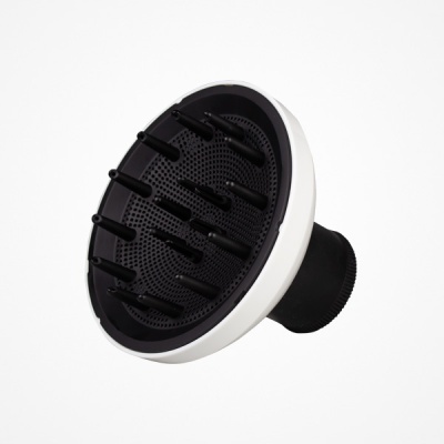 Difusor de cabelo preto e branco com pinos e textura perfurada