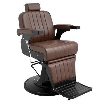 cadeira de barbearia castanha em couro sintético e metal preto