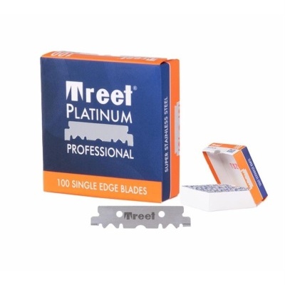 Caixa de lâminas de barbear Treet Platinum Professional azul e laranja com lâmina à frente
