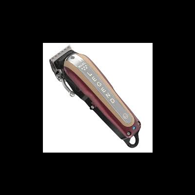 Máquina de cortar cabelo metálica vermelha e dourada com lâmina de aço