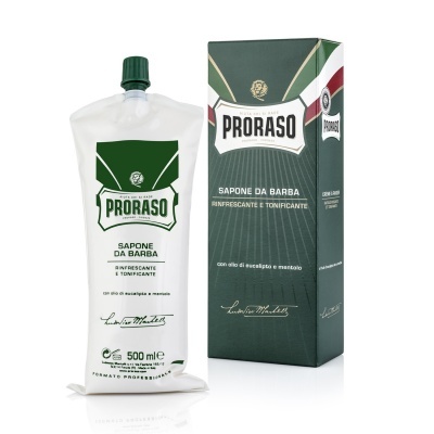 Sabonete para barbear Proraso em bisnaga branca e caixa verde escura