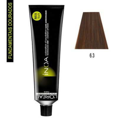 Tubo preto de tinta de cabelo L'Oréal INOA com amostra de cor castanho 6.3