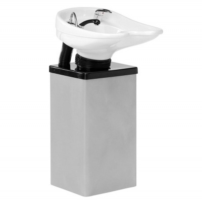 Lavatório branco com suporte cinza e base preta