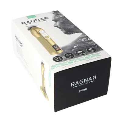 Embalagem do aparador de barba RAGNAR THOR, dourado, visor digital, fundo branco com imagem e texto.