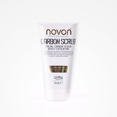 Esfoliante facial Novon Carbon Scrub em embalagem branca de 150 ml