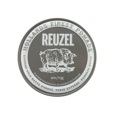 Lata metálica redonda de pomada para cabelo REUZEL cinza com texto branco e imagem de porco.