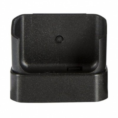 Base ou carregador preto, formato retangular, textura fosca