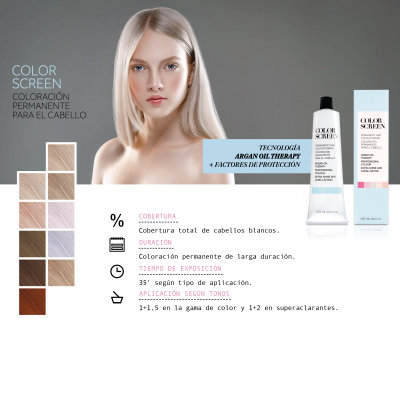 Imagem publicitária de coloração permanente para cabelo COLOR SCREEN com mulher loira e tubos do produto