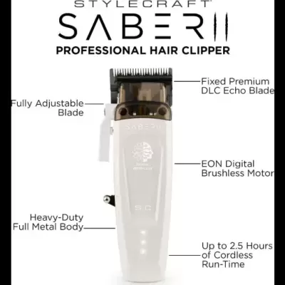 Máquina de cortar cabelo profissional STYLECRAFT SABER II branca com indicadores de funcionalidades