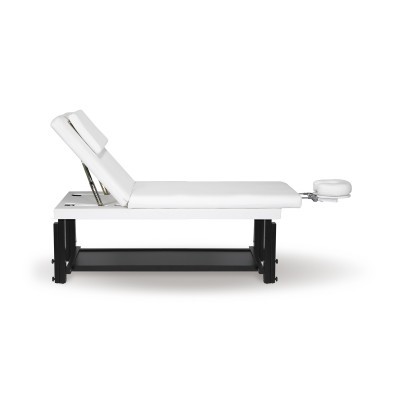 Cama de massagem branca com estrutura preta e encosto ajustável