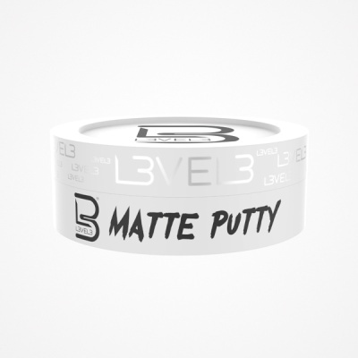 Embalagem redonda branca com texto preto 'MATTE PUTTY'