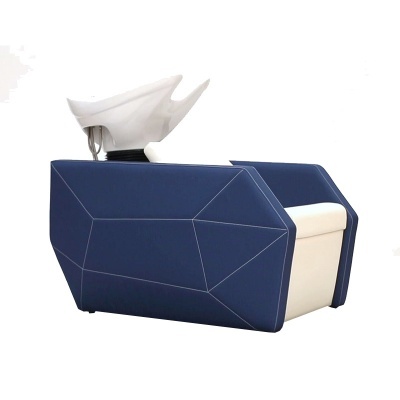 Cadeira de lavatório azul com cuba branca para cabeleireiro