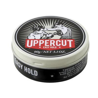 Balde metálico de pomada para cabelo Uppercut Easy Hold preto com ilustração e texto