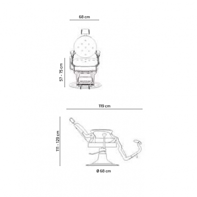 Desenho técnico de cadeira de barbeiro com medidas em centímetros