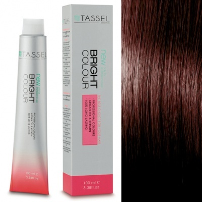 Tubo e caixa de creme para coloração de cabelo TASSEL ao lado de mecha de cabelo castanho-avermelhado brilhante