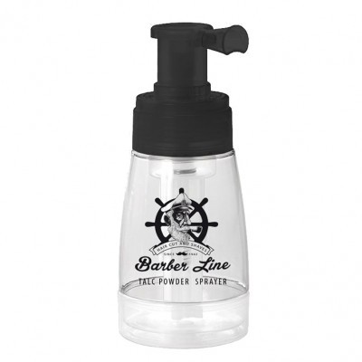 Frasco spray plástico transparente com tampa preta e texto Barber Line FACE POWDER SPRAYER