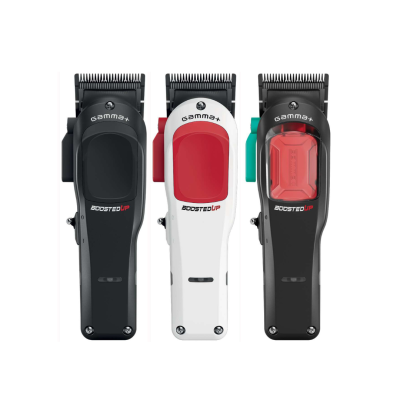 Três máquinas de cortar cabelo Gammex BOOSTED UP em cores preto, branco e preto com detalhes em vermelho e verde