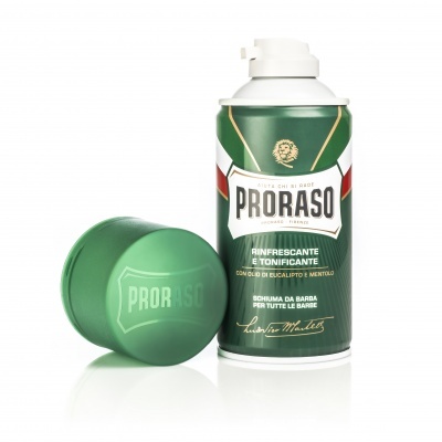 Frasco de espuma de barbear Proraso verde com tampa ao lado