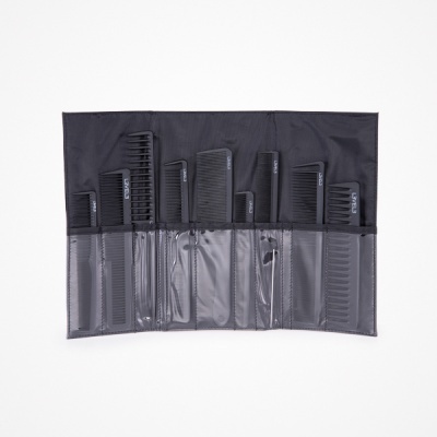 Conjunto de 7 pentes pretos diversos em bolsa preta com bolsos transparentes