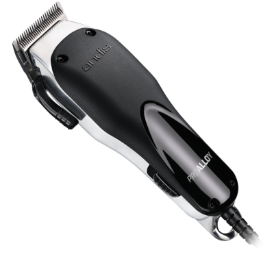 Máquina de cortar cabelo Andis preta e prateada com lâmina metálica e cabo.
