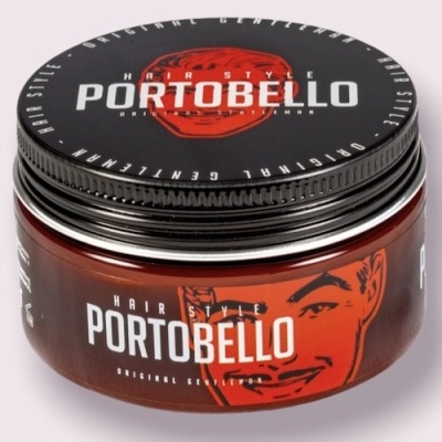 Frasco de produto para cabelo Portobello com tampa preta e frasco vermelho com rosto masculino estilizado