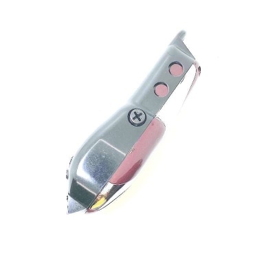 Cortador de fita adesiva cinzento e rosa com detalhes metálicos prateados.