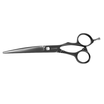 Tesoura de corte profissional de aço inoxidável prateada com texto JAGUAR