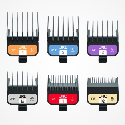 Conjunto de 6 pentes para aparador de cabelo JRL com etiquetas coloridas e tamanhos visíveis.