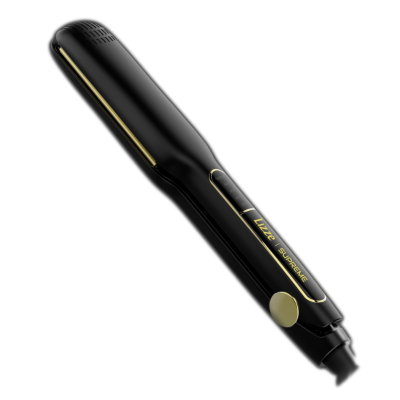 Prancha alisadora de cabelo preta com detalhes dourados e texto LUXE SUPREME