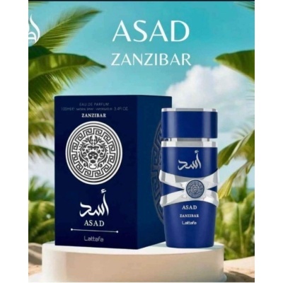 Perfume ASAD ZANZIBAR Lattafa em caixa e frasco azul com fundo de palmeiras.