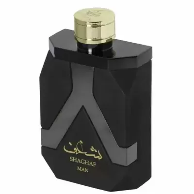 Frasco de perfume preto com tampa dourada e texto SHAGHAF MAN