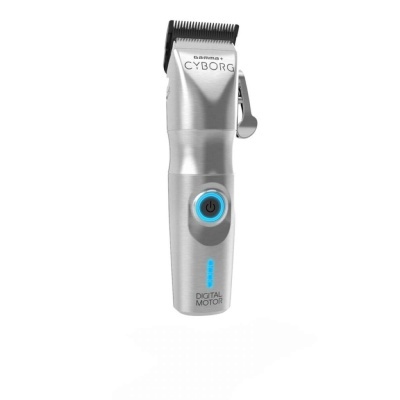 Aparelho de corte de cabelo prateado gamma CYBORG com botão azul iluminado