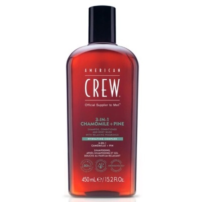 Frasco de American Crew 3-IN-1 Chamomile + Pine vermelho com tampa preta