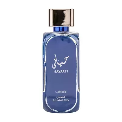 Frasco azul de perfume HAYAATI Lattafa Al Maleky com tampa prateada