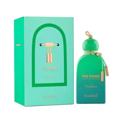 Frasco de perfume verde com caixa correspondente