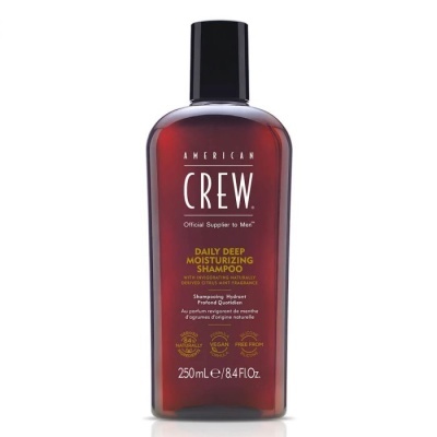 Frasco castanho de champô American Crew Daily Deep Moisturizing Shampoo 250 mL com tampa preta
