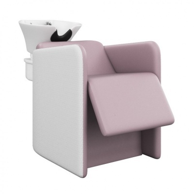 Cadeira de cabeleireiro rosa com lava-cabeças branco