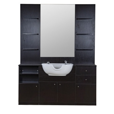 Móvel de lavatório para cabeleireiro preto com espelho grande e lavatório branco