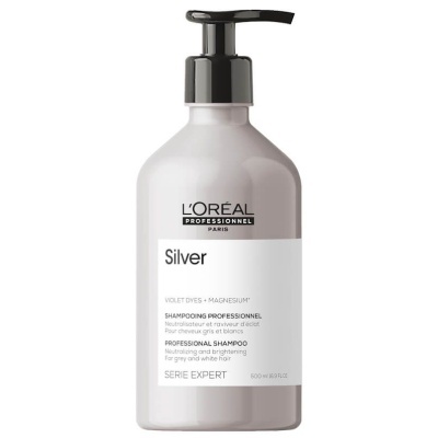 Frasco de champô L'Oréal Silver com tampa bomba preta e rótulo branco e preto