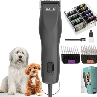Conjunto máquina de tosquia Wahl, lâminas coloridas, óleo, escova e embalagem com cães