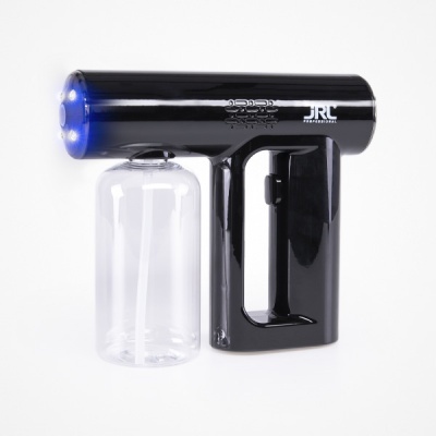 Pulverizador elétrico preto com garrafa transparente e luzes azuis