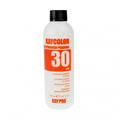 Frasco branco de plástico com tampa preta e rótulo laranja e branco de peróxido de hidrogénio KAYCOLOR 30 vol.