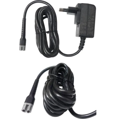 Carregador preto com cabo e plugue europeu, conector de três pinos.