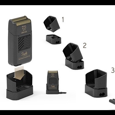 Barbeador elétrico preto com acessórios numerados e base em fundo branco