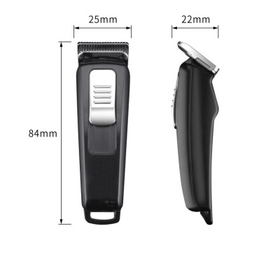 Máquina de cortar cabelo preta com botão prateado, vista de frente e lado com dimensões