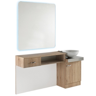 Móvel de casa de banho com gaveta, armário, pia branca e espelho rectangular iluminado em azul